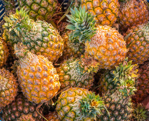 Heap of fresh pineapple fruits for sale in Thailand. The scientific binomial name is Ananas comosus.