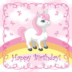 Happy birthday greeting card with a picture of a cute unicorn. Vector illustration