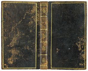 Antique open book leather cover with golden decorations - circa 1792