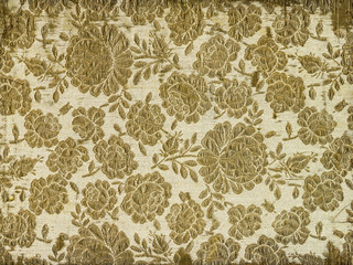 Antique fabric wallpaper embroidered with gold thread, floral pattern with rose motif