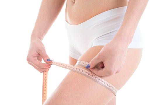 Weight Loss Concept. Closeup Of Beautiful Young Woman's Body With Perfect Body Shape In White Underwear On White Background.  Female With Hand Measuring Body Fat.