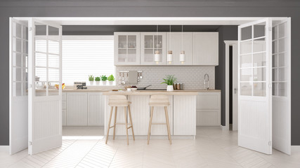 Scandinavian classic kitchen with wooden and white details, minimalistic interior design