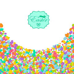 Colorful Easter background with lace label and bright eggs confetti isolated on white backdrop.