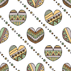 Vector hand drawn seamless pattern, decorative stylized childish hearts. Doodle style, tribal graphic illustration Cute hand drawing in vintage colors. Series of doodle, cartoon, sketch illustrations