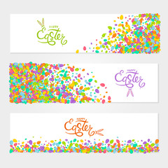 Vector horizontal banners set of scattered colorful eggs for Easter design.