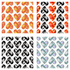 Set of vector seamless patterns with hearts. Symmetrical backgrounds. Polygonal design. Geometric triangular origami style, graphic illustration. Series of Love Seamless Patterns.