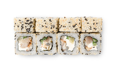 Set of california rolls isolated on white, closeup, top view