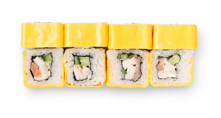 Set of sushi rolls isolated closeup, top view