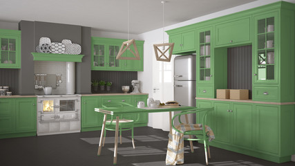 Scandinavian classic kitchen with wooden and green details, minimalistic interior design