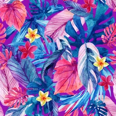 Zelfklevend Fotobehang Watercolor exotic leaves and flowers background. © Tanya Syrytsyna