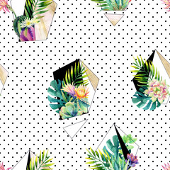 Watercolor exotic abstract terrarium plants seamless pattern.