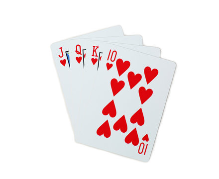 Poker hearts of J Q K 10 playing cards isolated on white background
