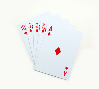 Poker hearts of 10 J Q K A playing cards isolated on white background