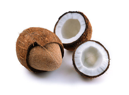 Open coconuts on white background