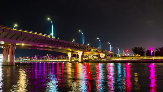 night illumination dubai famous creek traffic road fountain bridge panorama 4k time lapse uae
