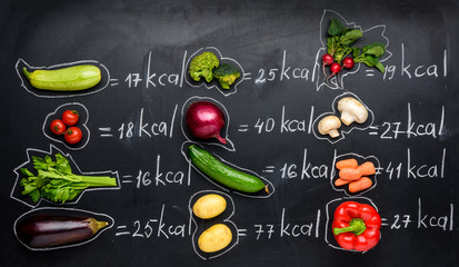 fresh vegetables and calories table isolated on black, healthy lifestyle concept