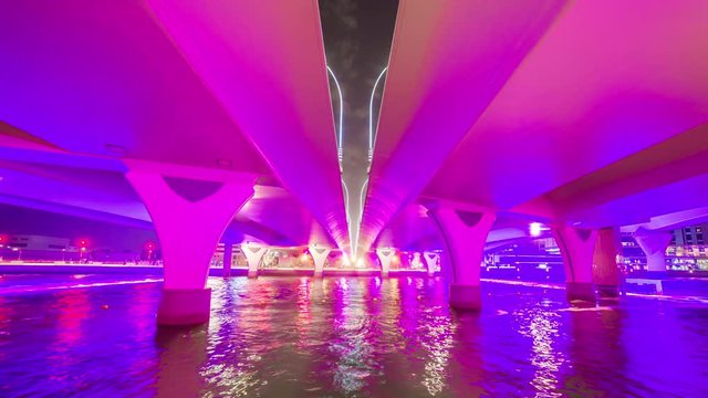 dubai city night illuminated famous canal fountain bridge panorama 4k time lapse uae
