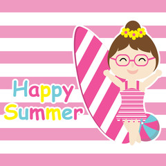 Cute girl bring surfing board and ball vector cartoon, Summer postcard, wallpaper, and greeting card, T-shirt design for kids