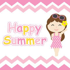 Cute girl on pink chevron frame vector cartoon, Summer postcard, wallpaper, and greeting card, T-shirt design for kids