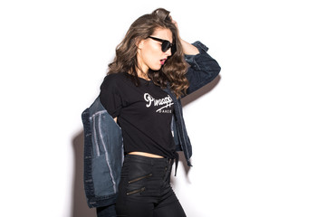 Style hipster woman portrait with face emotions on white background