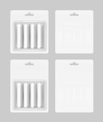 Vector Set of Four White Silver Gray Glossy Alkaline AA Batteries in White Blister Packed for branding Close up Isolated on Background