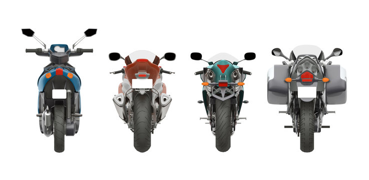 group motorcycles back view 3d rendering