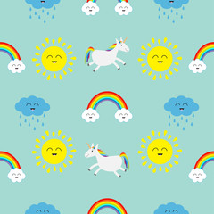 Cute cartoon sun, cloud with rain, rainbow, unicorn horse with eyes set. Baby Seamless Pattern Wrapping paper, textile template. Blue background. Flat design.