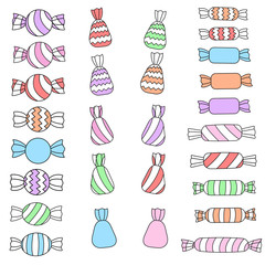 Vector outlined set of candies on the white background.Pastel colors.