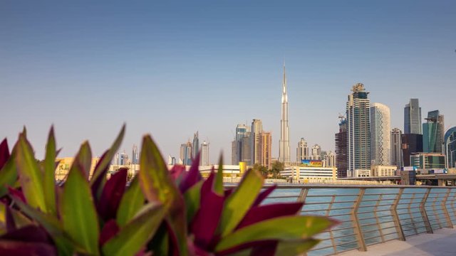 dubai city water canal sunset downtown burj khalifa panorama 4k time lapse uae
