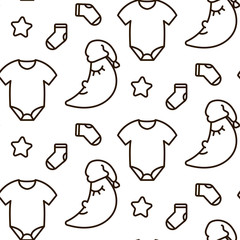 Newborn dreamy line icon vector monochrome pattern. Baby outline clothes and moon cute seamless background for fabric or website.