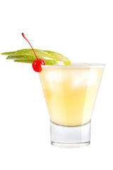 Refreshing cocktail with apple slices and maraschino cherry for decoration