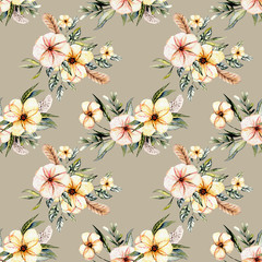 Seamless floral pattern with watercolor pink flowers bouquets with feathers, hand drawn on a grey background