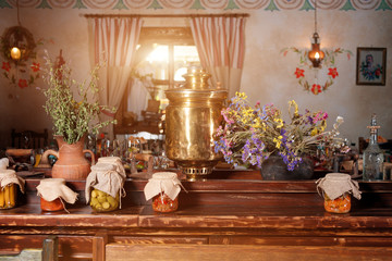 Unique ethnic restaurant interior. Traditional design. Ukrainian rural style and decorations. Europe, Ukraine
