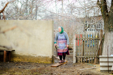 The old peasant woman thoughtfully inspects the yard.