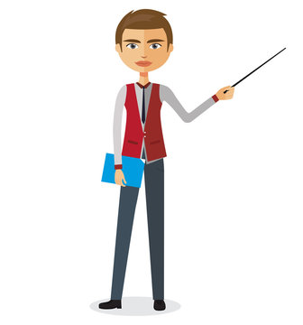 Blond businessman or teacher with a pointer vector flat cartoon illustration.