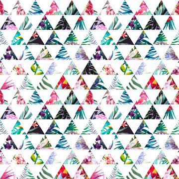Fototapeta Tropikalny trójkątny wzór akwarela na białym tle na wymiar
