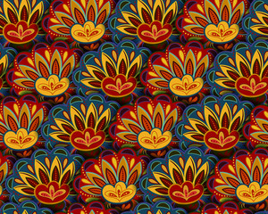 Seamless ethnic pattern with floral motives. Mandala stylized print template for fabric and paper. Boho chic design. Summer fashion. Blue yellow red.