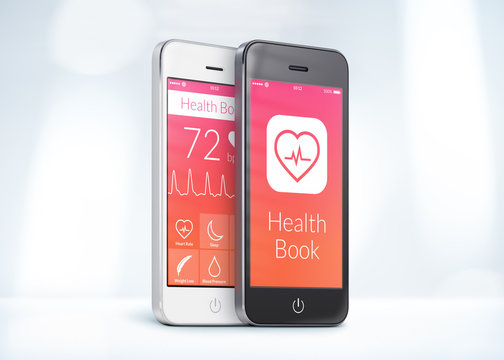 Black and white smartphones with health care book app on the scr