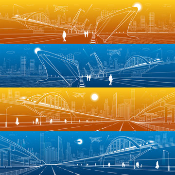 Transportation and industrial panorama set. Cargo ship loading, boats on water, sea harbor. Train move on railway bridge. Airplane fly. People walking. Infrastructure illustration. Vector design art