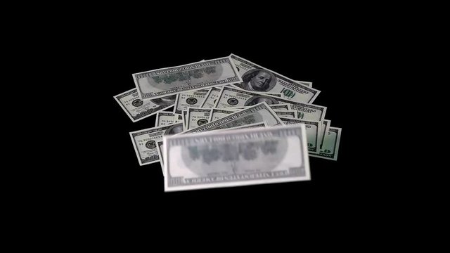 The dollars on a black background fall and the heap is going