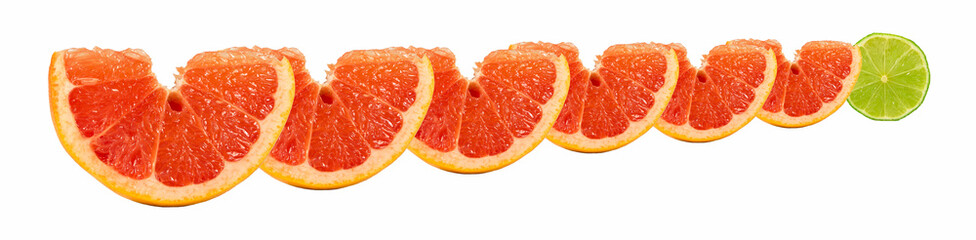 Panoramic Bright and Fresh Grapefruit, Lime for Skinali. Colorful Citrus Fruit Slices Background. White Backside.