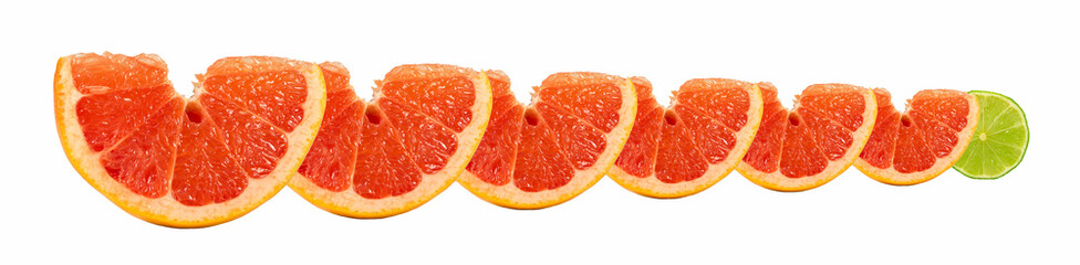 Panoramic Bright and Fresh Grapefruit, Lime for Skinali. Colorful Citrus Fruit Slices Background. White Backside.
