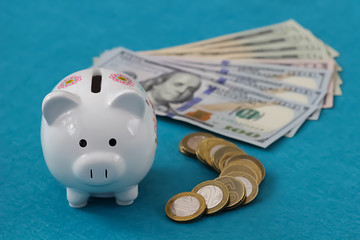 A white piggy bank and money on blue background.