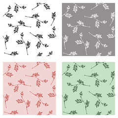 Set of seamless vector patterns, hand drawn backgrounds with branch and leaves. Hand sketch drawing. Doodle style. Series of Hand Drawn Patterns.