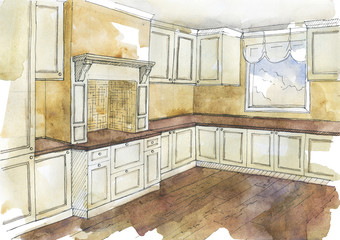 Sketch of kitchen design by watercolor.