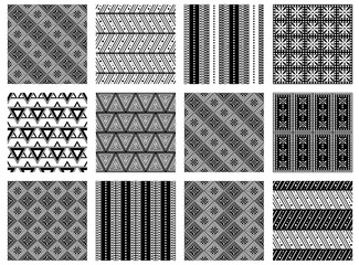 Set of seamless vector geometric black and white patterns with ornamental elements,endless background with ethnic motifs. Graphic vector illustration. Series- sets of vector seamless patterns.