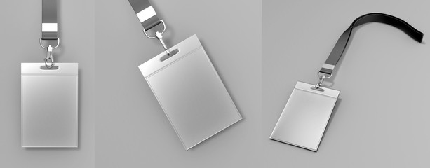 Identification blank plastic id cards set with clasp and lanyards isolated 3d render illustration