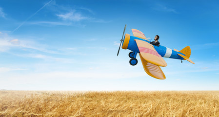 Woman in drawn airplane . Mixed media