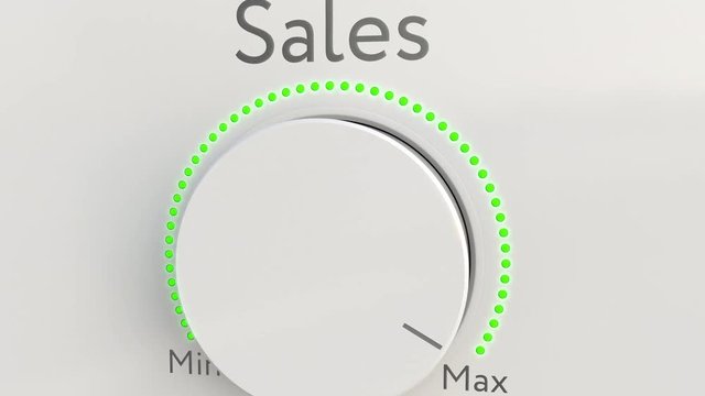 Turning white hi-tech knob with sales caption from minimum to maximum, close-up. Conceptual 4K clip