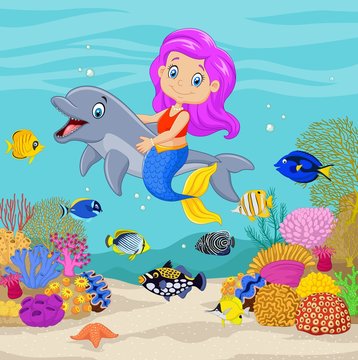Cute mermaid with dolphin in the underwater background